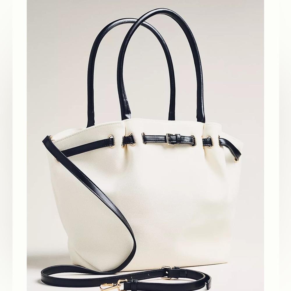 Anthropologie Canvas Belted Tote White and Black Bag NWT